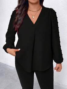 SHEIN Áo sơ mi tay dài cổ chữ V trơn màu cỡ lớn dành cho nữ - màu đen - Xem 5