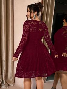 Cravure Plus Size Women V-Neck Ruffle Lace Hollow Out Dress Fall - Burgundy - View 2