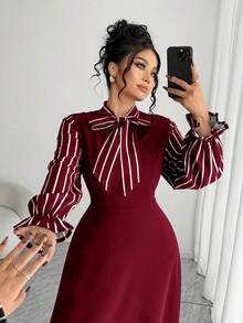 Elenzga Váy xòe eo kẻ sọc dài tay thanh lịch cỡ lớn dành cho nữ, thích hợp cho các buổi đi chơi mùa thu/đông - Màu Đỏ Sâu - Xem 4