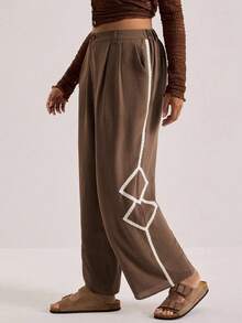 SHEIN VCAY 大码女式褶裥阔腿休闲裤，带口袋 - 棕色 - 查看 3