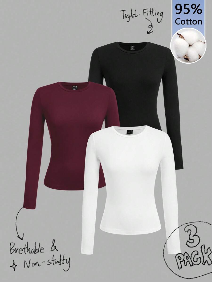 Tseoso Bộ 3 áo thun dài tay cổ tròn thường ngày cho nữ, 95% cotton, đen/đỏ tía/đỏ - Nhiều màu - Xem 1