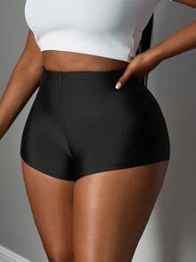 SHEIN PETITE CURVE Plus Size Solid Color Zipper Tight High Waist Sexy Shorts - Black - View 5