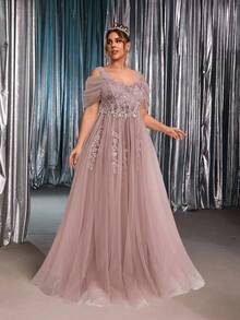 Glamrae 大码优雅奢华露肩精致刺绣网纱拼接腰部贴花A字新娘婚纱，情人节 - 粉色 - 查看 5