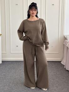 CovetEZ Plus Size Solid Color Crew Neck Long Sleeve Sweater And Pants Casual Matching Set, Autumn/Winter Comfortable Two Piece Set - Brown - View 7