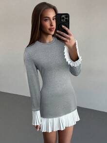 Aloruh Elegant Women's Light Grey Mini Bodycon Dress With Long Flare Sleeves And White Pleated Ruffle Hem - Light Grey - View 6