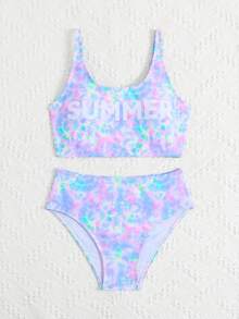 SHEIN 2件套少女彩色波浪纹弹力速干舒适针织面料沙滩装套装，适合海滩、泳池、海边、冲浪、度假、夏季、旅行 - 紫色 - 查看 5