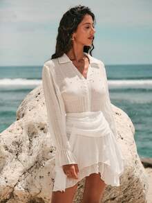 Swim Chiccia Frühling/Sommer Elegant Herbst Neu 1 Stück Gewebtes Weißes Perlen-Dekor Langarm Asymmetrischer Rüschensaum Resort-Stil Damen Badekleid - Weiss - Übersicht 8