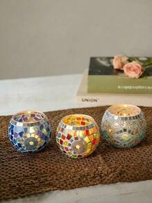 Cirelle 3-Piece Set Of Gorgeous Handmade Turkish Moroccan Mosaic Glass Candle Holder - Colored Tabletop Candle Holder With Star And Moon Design, Handmade Pen Holder, Potted Flower Plate, Makeup Storage, Candle Container For Romantic Dinner, Wedding Anniversary, Birthday, Party Decor, Home Decor And Multicultural Festivals Including Christmas, New Year, Diwali And Three Kings Day Gifts Graduation - Multicolor - View 2