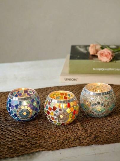 Cirelle 3 件套华丽手工土耳其摩洛哥马赛克玻璃烛台 - 带星星和月亮设计的彩色桌面烛台、手工笔筒、盆栽花盘、化妆品收纳、浪漫晚餐蜡烛容器、结婚纪念日、生日、派对装饰、家居装饰和多元文化节日，包括圣诞节、新年、排灯节和三王节