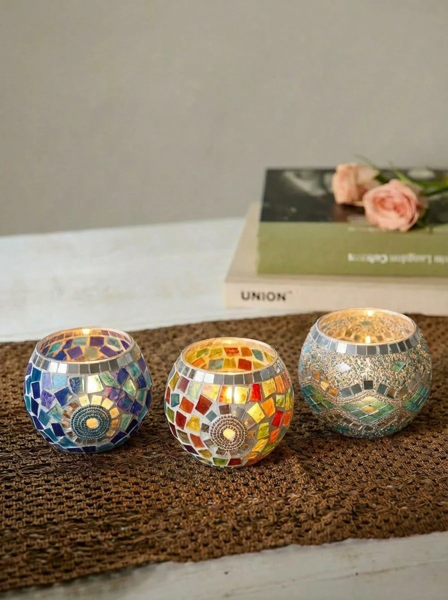 Cirelle 3-Piece Set Of Gorgeous Handmade Turkish Moroccan Mosaic Glass Candle Holder - Colored Tabletop Candle Holder With Star And Moon Design, Handmade Pen Holder, Potted Flower Plate, Makeup Storage, Candle Container For Romantic Dinner, Wedding Anniversary, Birthday, Party Decor, Home Decor And Multicultural Festivals Including Christmas, New Year, Diwali And Three Kings Day Gifts Graduation