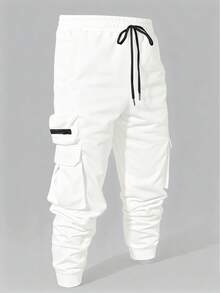 Manfinity Homme Men's Casual Drawstring Waist Flap Pocket Cuffed Jogger Pants, Fashionable For Daily Commute And Street Wear - White - View 1