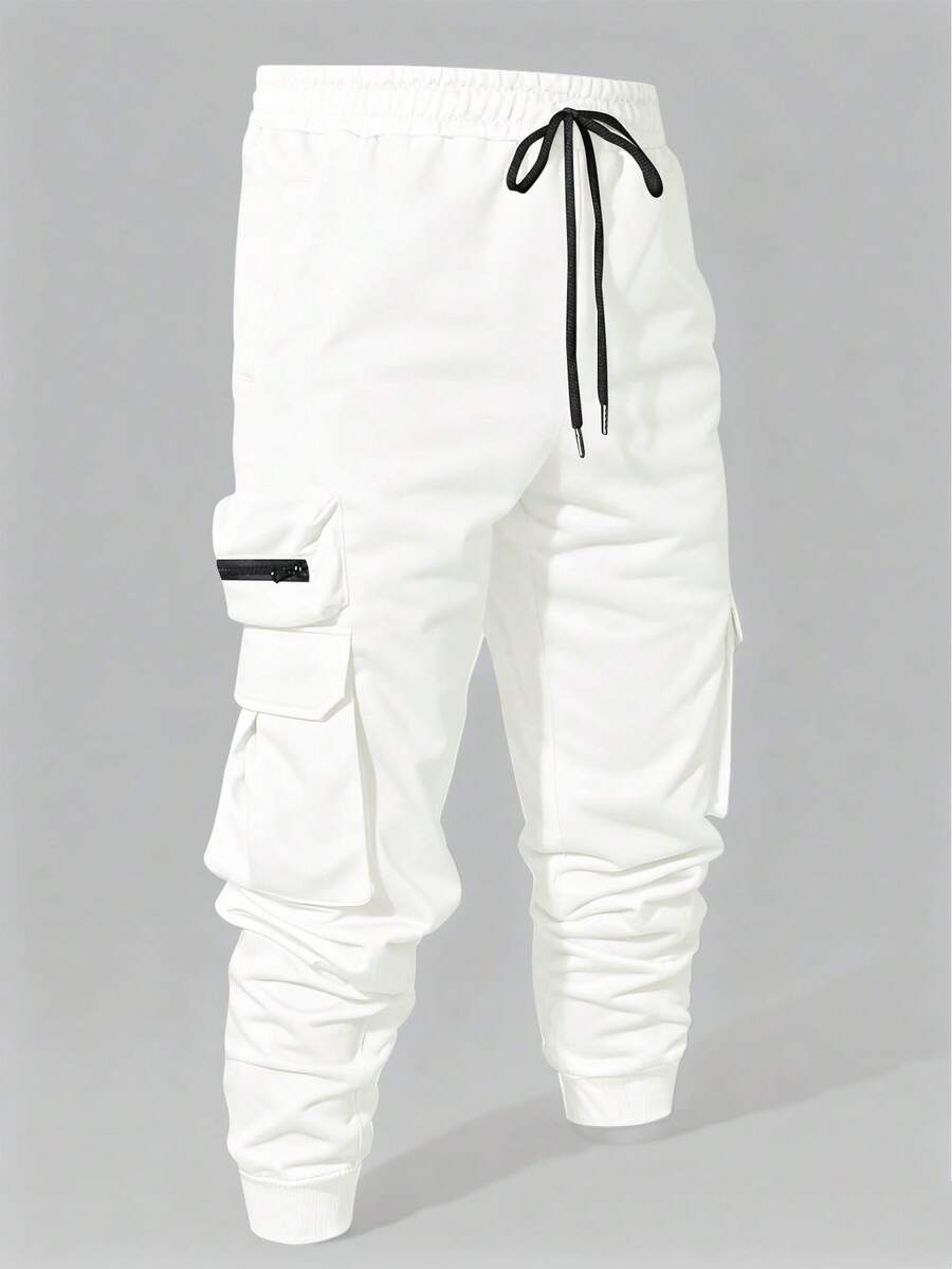 Manfinity Homme Men's Casual Drawstring Waist Flap Pocket Cuffed Jogger Pants, Fashionable For Daily Commute And Street Wear - White - View 1