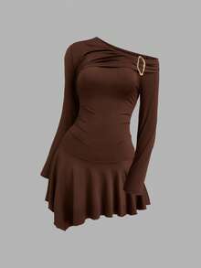 Sweetra Plus Size Solid Color Asymmetric Collar Long Sleeve Waist Cinched Dress - Brown - View 1