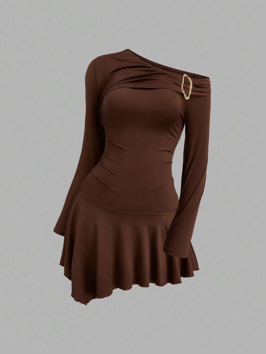 Sweetra Plus Size Solid Color Asymmetric Collar Long Sleeve Waist Cinched Dress - Brown - View 1
