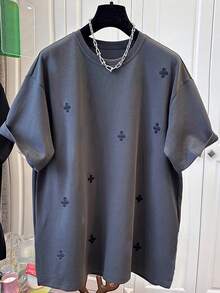 Manfinity Dauomo Áo thun nam cổ tròn tay ngắn dáng rộng thoải mái cỡ lớn, mùa hè - Màu xám đen - Xem 4