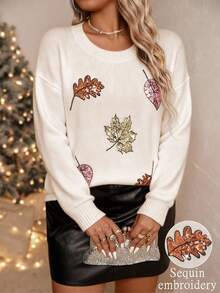 SHEIN LUNE Áo len dệt kim cổ tròn thêu họa tiết lá phong tay dài thanh lịch cỡ lớn cho nữ, màu trơn, mùa thu/đông - Màu be - Xem 1