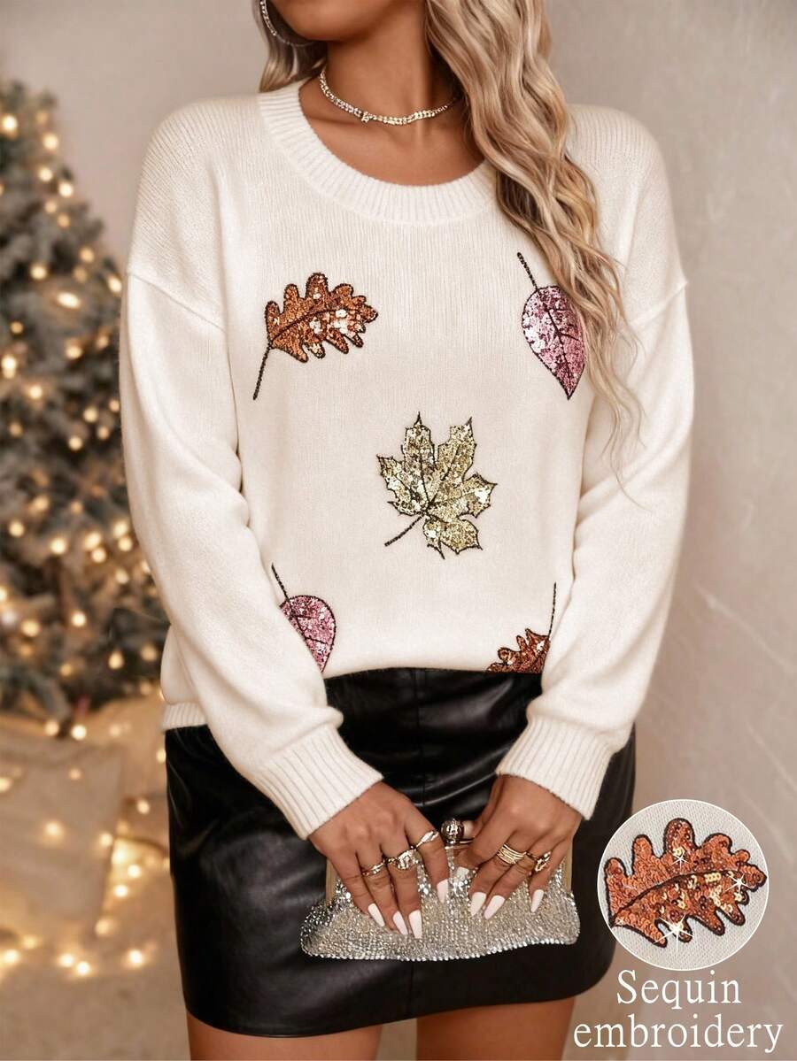 SHEIN LUNE Áo len dệt kim cổ tròn thêu họa tiết lá phong tay dài thanh lịch cỡ lớn cho nữ, màu trơn, mùa thu/đông - Màu be - Xem 1