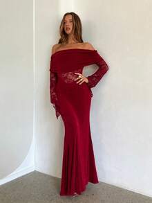 Aloruh Vestido Longo de Manga Comprida com Ombros à Mostra, Renda, Manga Flare e Bainha de Sereia, Vermelho, Ideal para Natal e Ano Novo, Vestido Romântico para Encontros no Dia dos Namorados - Vermelho - Visão 8