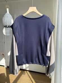 Resyla Women's Casual Contrast Color Drawstring Hem T-Shirt, Autumn - Navy Blue - View 2
