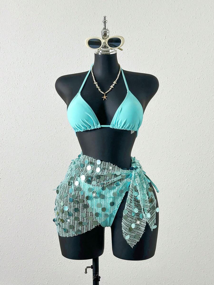 Zestiva Bộ 3 đồ bơi nữ, Bikini móc thanh lịch, Đầm lấp lánh sequin, Bikini kim loại màu xanh bạc hà, Trang phục đi biển cho nữ, Trang phục dự tiệc, Quà tặng Giáng sinh, Quà tặng Valentine, Kỳ nghỉ, Quà tặng năm mới, Khăn choàng Sarong, Đồ đi biển - Màu xanh Bạc hà - Xem 1