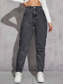 Jeanoix High Waist Fashionable Distressed Washed Denim Tapered Pants - Dark Grey - View 1