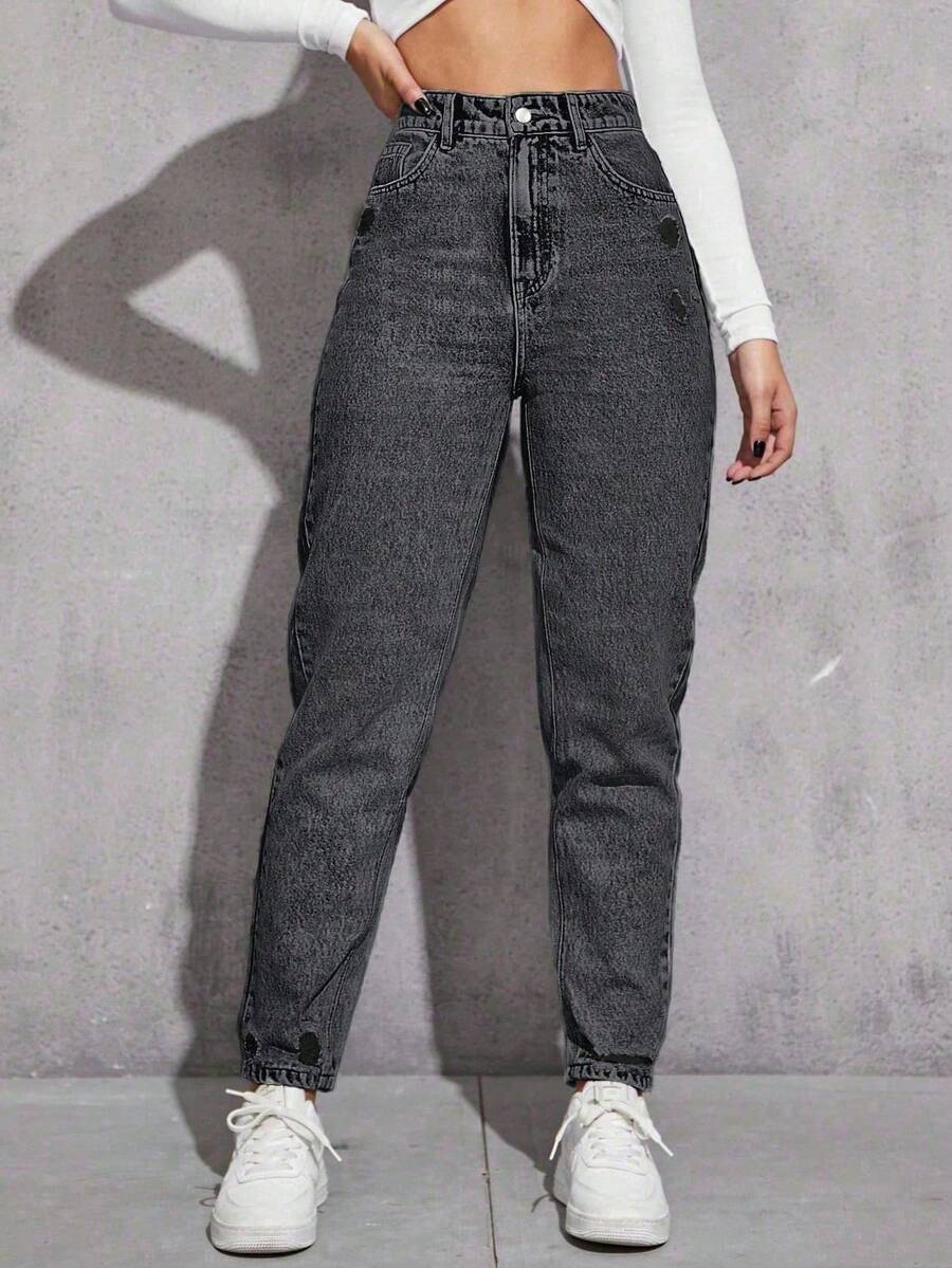 Jeanoix High Waist Fashionable Distressed Washed Denim Tapered Pants - Dark Grey - View 1