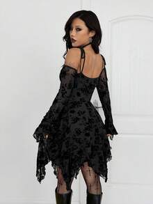 Coolane 女士秋冬四季皆宜 Grunge 哥特 Y2K 朋克街头风锐舞派对装扮夜店服饰弹力舒适网纱露肩长袖黑色优雅连衣裙 - 黑色 - 查看 3