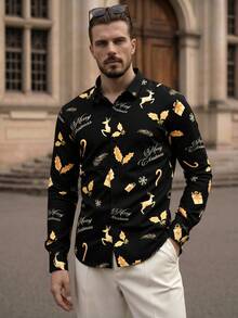 Manfinity VCAY Men Leaf & Deer All-Over Print Front Button Casual Long Sleeve Shirt, Christmas Long Sleeve Button Up Black Shirt, New Year Glamour - Black - View 2