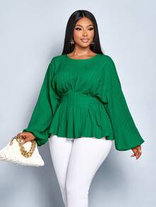 SOLERSUN 女士大码时尚纯色宽松休闲外出深褶蝙蝠袖长袖衬衫，宽松休闲上衣，露脐系带露背上衣，女士纯色圆领系带长袖衬衫，秋冬女装 - 綠色 - 查看 4