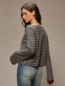 WESTFADE Striped Rib-Knit Envelope Neck Long Bell Sleeve Relaxed Fit Top Winter, Boho, Western Wear, Holiday, Christmas, NYE, New Year, Nashville Cowgirl, Casual, Cute - Multicolor - View 2