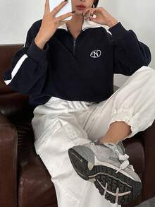 FRIFUL Women's Side Striped Letter Embroidered Raglan Sleeve Sweatshirt - Navy Blue - View 7