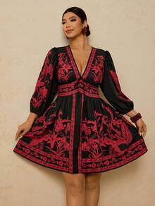 Travachic 大码女式碎花连衣裙，V领A字裙，七分袖短款连衣裙，适合早春浪漫约会旅行 - 彩色 - 查看 6