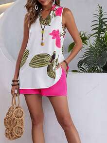 EMERY ROSE 2 件套花卉印花无袖上衣和短裤，度假/休闲装