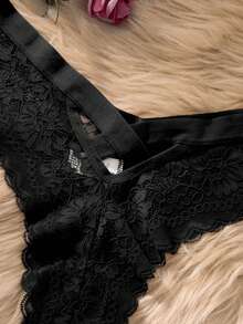 Sexy Burgundy Lace Women's Thong Panty With Criss-Cross Hollow Back Design - Black - View 3