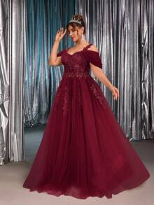 Glamrae Plus Size Elegant Luxurious Cold Shoulder Exquisite Embroidered Mesh Patchwork Waist Applique A-Line Bridal Wedding Dress, Valentine's Day - Burgundy - View 7