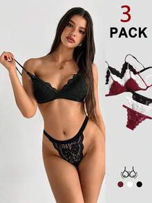 Aloruh 3-Piece Set. Elegant Lace For Ladies. Black And White. 3/4 Cup Size. Boneless Lace Decorative Thin Shoulder Strap Bra And Panties For Women. Sexy Lingerie Set - Multicolor - View 1