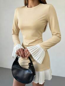 Aloruh 女士优雅通勤撞色褶皱喇叭袖中长连衣裙 - 卡其色 - 查看 4