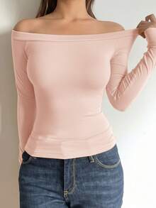 SHEIN BASICS 1pc Women's Casual Solid Color Off Shoulder Long Sleeve Fitted Blouse Tight Fitted Tops Off The Shoulder Top - Pink - View 6