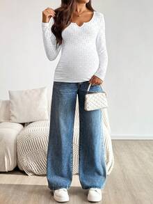 Modmama Spring Women, Fall ,Autumn ,Maternity Hollow Out Embroidery Notch Neck Fashionable Long Sleeve T-Shirt Pregnancy Pregnants Breastfeeding Long Sleeve Top - White - View 3