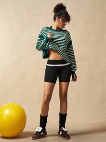 VARSIVA Áo thun thể thao dài tay hở lưng họa tiết sọc thường ngày dành cho nữ, mùa thu - Màu xanh lá cây đậm - Xem 4