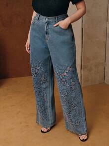 Anewsta 女士高腰优雅刺绣镂空宽松阔腿大码牛仔裤，适合春季、情人节、派对穿着 - 藍色 - 查看 5