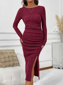 SHEIN Clasi Women's Solid Color Round Neck Long Sleeve Side Slit Ruched Hem Fitted Mid-Length Dress - Burgundy - View 7