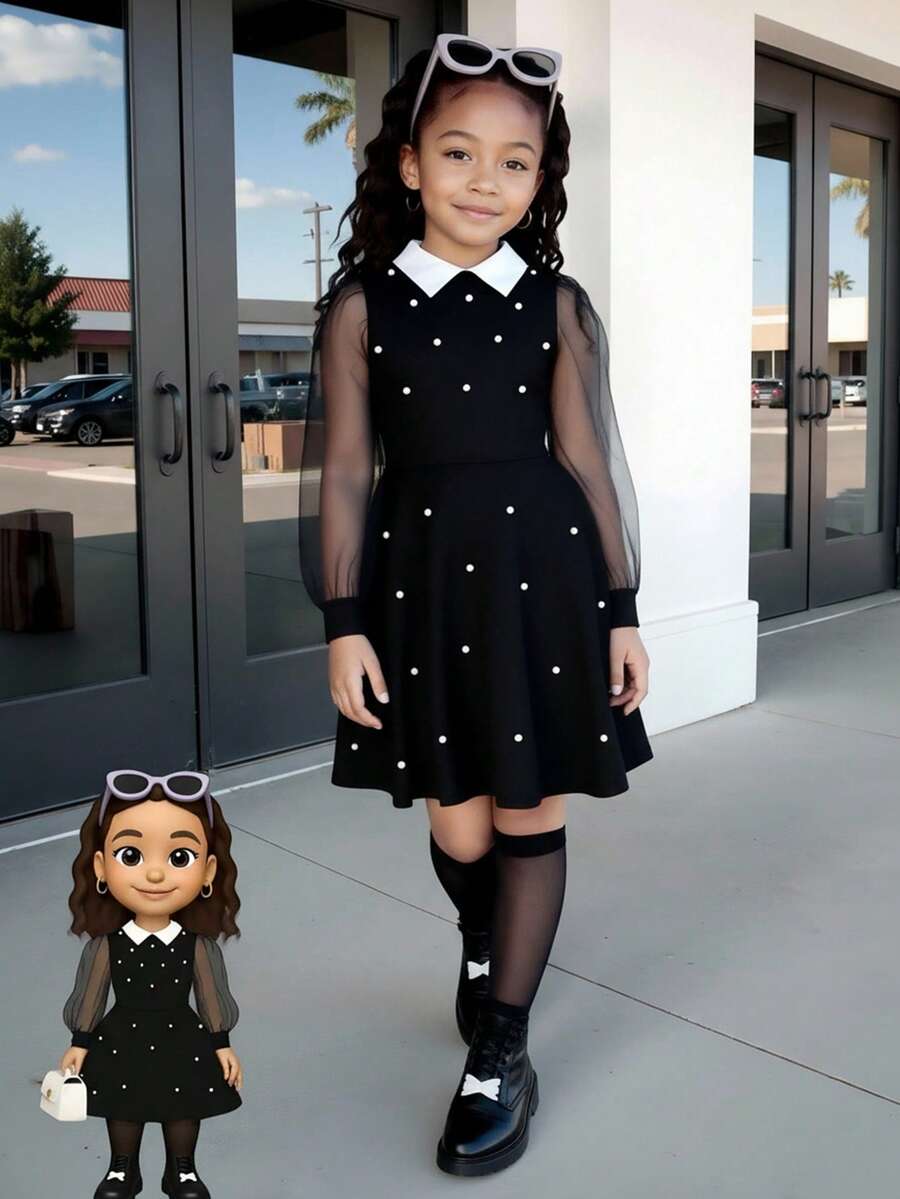 Sparklyn Girls' Pearl Decor Mesh Sleeve Shirt Collar Dress, Suitable For Vacation, Elegant Gala, Back To School Or Halloween - Black - View 1