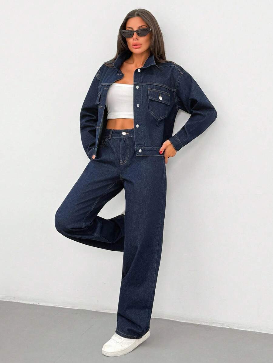 EURMUSE Plus Single-Breasted Regular Fit Casual Style Button Front Dark Blue Raw Wash Jacket & Jean Two Pieces Denim Set - Dark Wash - View 1