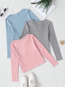 SHEIN 3pcs/Set Atasan Rajut Lengan Panjang Kerah Bulat Warna Polos Gaya Sporty Streetwear untuk Anak Perempuan Remaja - Baby Blue - View 2