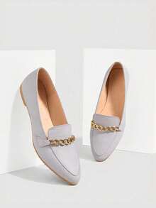 Mocasines para mujer, punta afilada, adorno de cadena metálica, planos,FORRO PIEL,estilo minimalista, para oficina y casual. - Gris - Ver 1