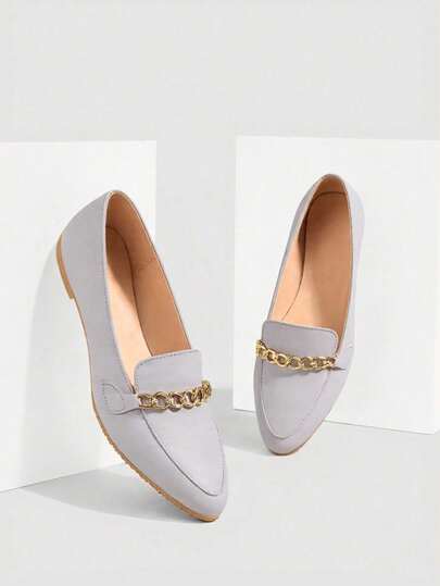 Mocasines para mujer, punta afilada, adorno de cadena metálica, planos,FORRO PIEL,estilo minimalista, para oficina y casual.