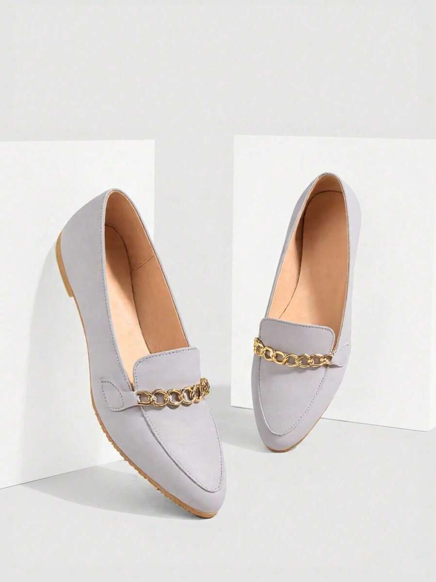 Mocasines para mujer, punta afilada, adorno de cadena metálica, planos,FORRO PIEL,estilo minimalista, para oficina y casual. - Gris - Ver 1