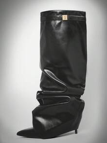 SHUZIA Botas altas hasta la rodilla con tacón sexy y elegante para mujer, con decoración de candado de metal - Negro - Ver 6