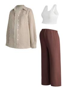 Modmama Maternity Casual Commuter Striped Shirt, Tank Top And Pants Set Picnic Outfit Women Summer Outfits For Women Two Piece Outfits For Woman Brown Outfit Women Woman Outfits Sets - Brown - View 11